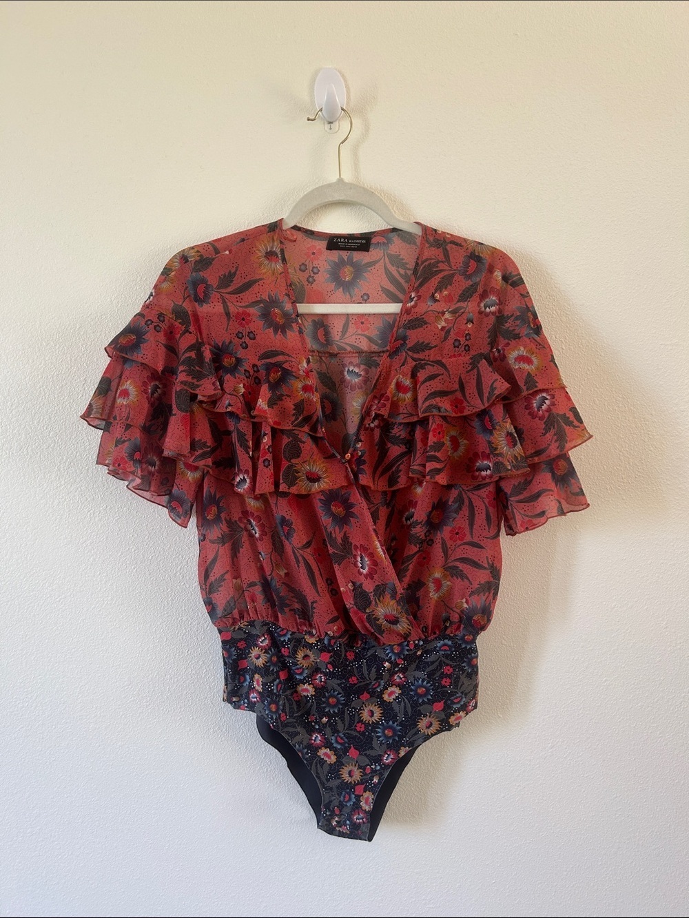 Zara Red Floral Ruffle Wrap Bodysuit with Black Floral Waist
